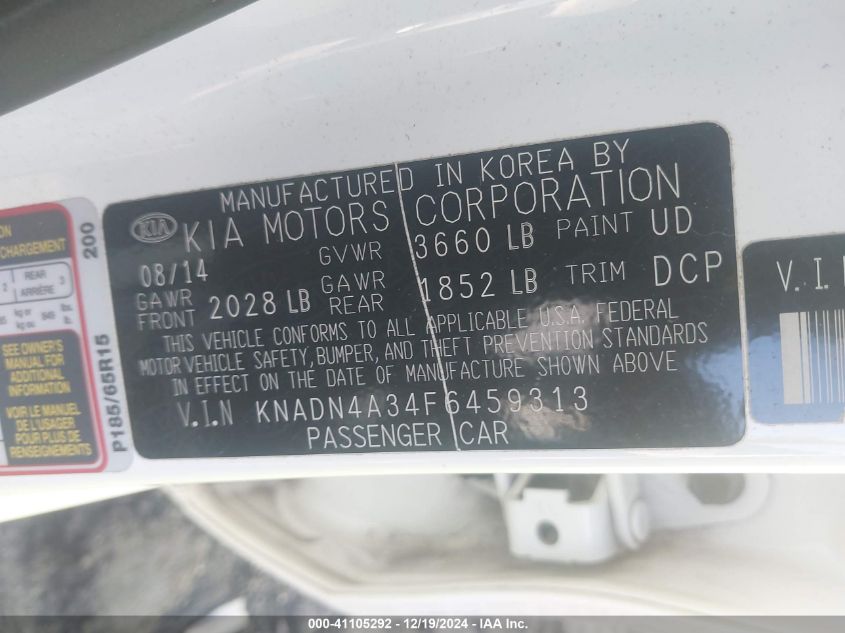 2015 Kia Rio Ex VIN: KNADN4A34F6459313 Lot: 41105292