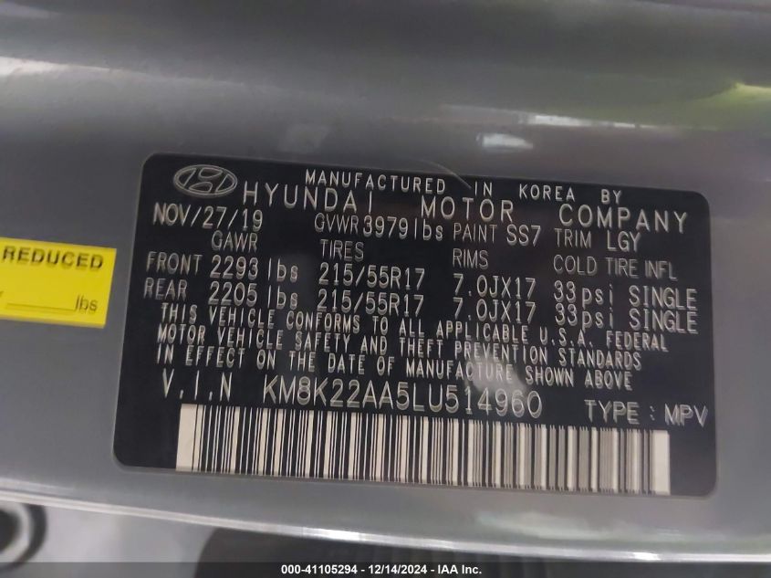 2020 Hyundai Kona Sel VIN: KM8K22AA5LU514960 Lot: 41105294