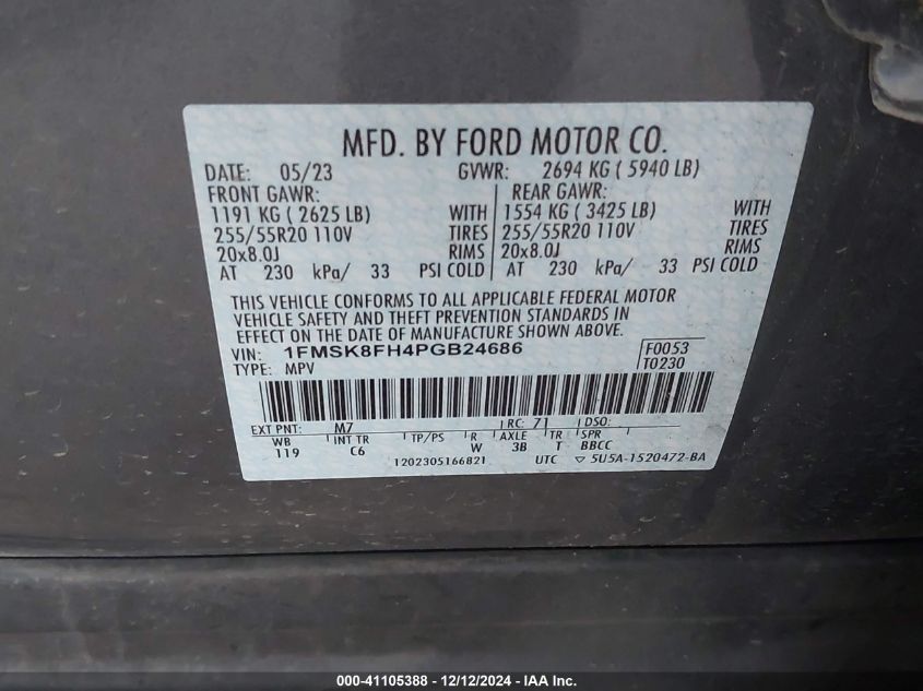 2023 Ford Explorer Limited VIN: 1FMSK8FH4PGB24686 Lot: 41105388