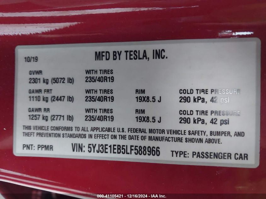 2020 Tesla Model 3 Long Range Dual Motor All-Wheel Drive VIN: 5YJ3E1EB5LF588966 Lot: 41105421