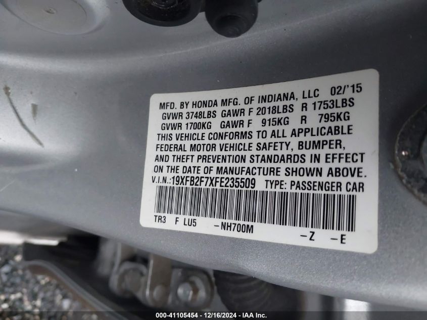 VIN 19XFB2F7XFE235509 2015 Honda Civic, SE no.9