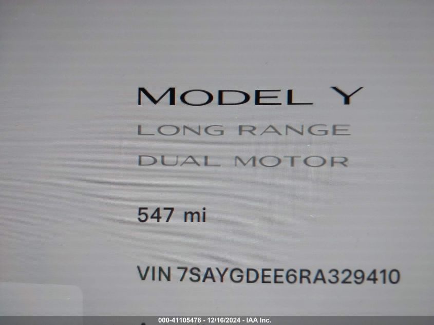 2024 Tesla Model Y Long Range Dual Motor All-Wheel Drive VIN: 7SAYGDEE6RA329410 Lot: 41105478