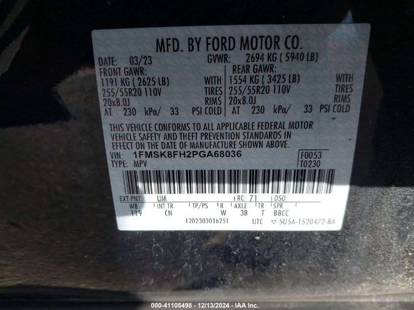 2023 Ford Explorer Limited VIN: 1FMSK8FH2PGA68036 Lot: 41105498