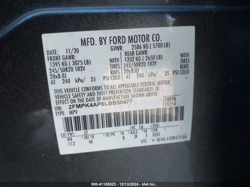 VIN 2FMPK4AP6LBB50477 2020 Ford Edge, ST no.7