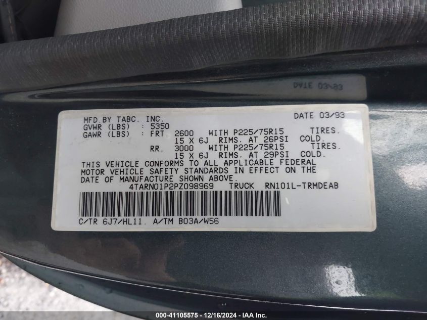 1993 Toyota Pickup 1/2 Ton Short Whlbse Dx VIN: 4TARN01P2PZ098969 Lot: 41105575