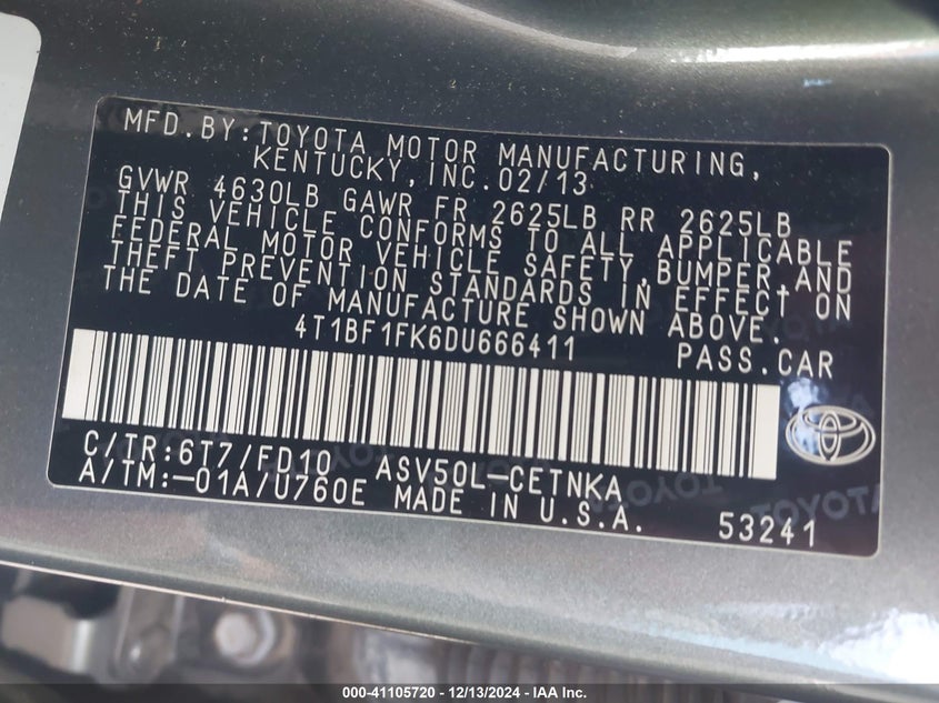 2013 TOYOTA CAMRY VIN: 4T1BF1FK6DU666411