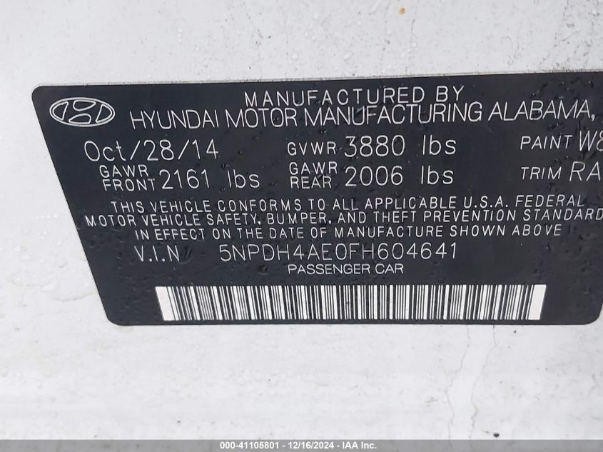 VIN 5NPDH4AE0FH604641 2015 Hyundai Elantra, SE no.9