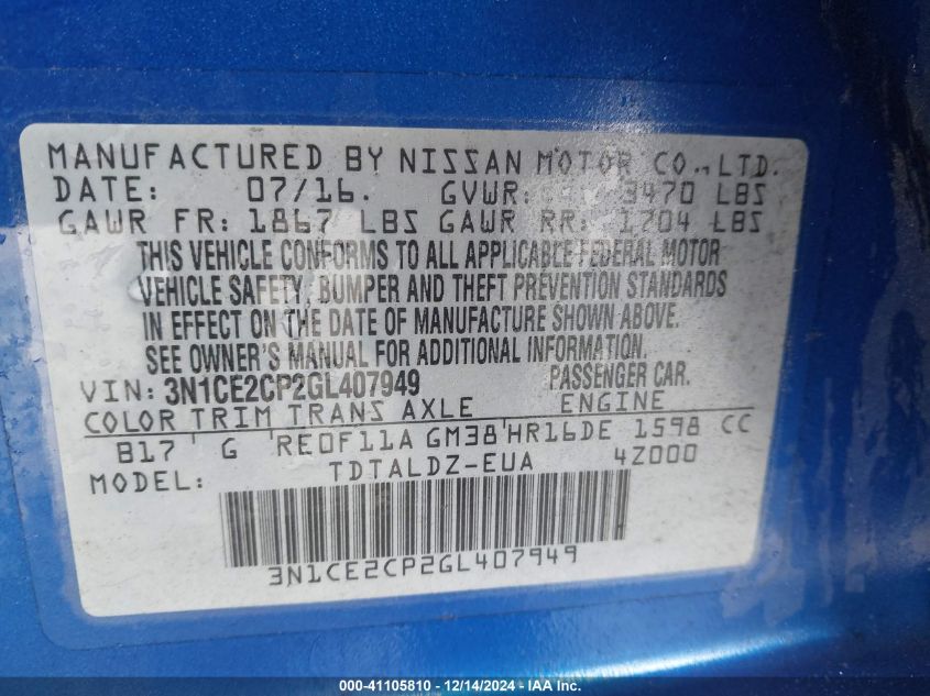 VIN 3N1CE2CP2GL407949 2016 Nissan Versa, Note S (sr... no.9