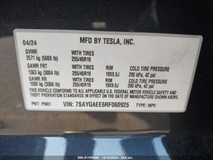 2024 Tesla Model Y Long Range Dual Motor All-Wheel Drive VIN: 7SAYGAEE6RF060925 Lot: 41105868