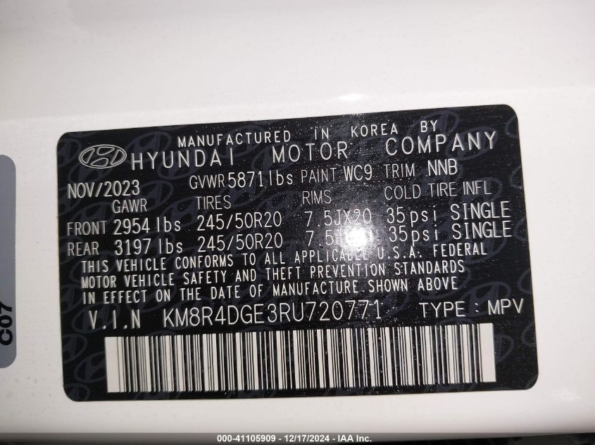 VIN KM8R4DGE3RU720771 2024 Hyundai Palisade, Sel no.9