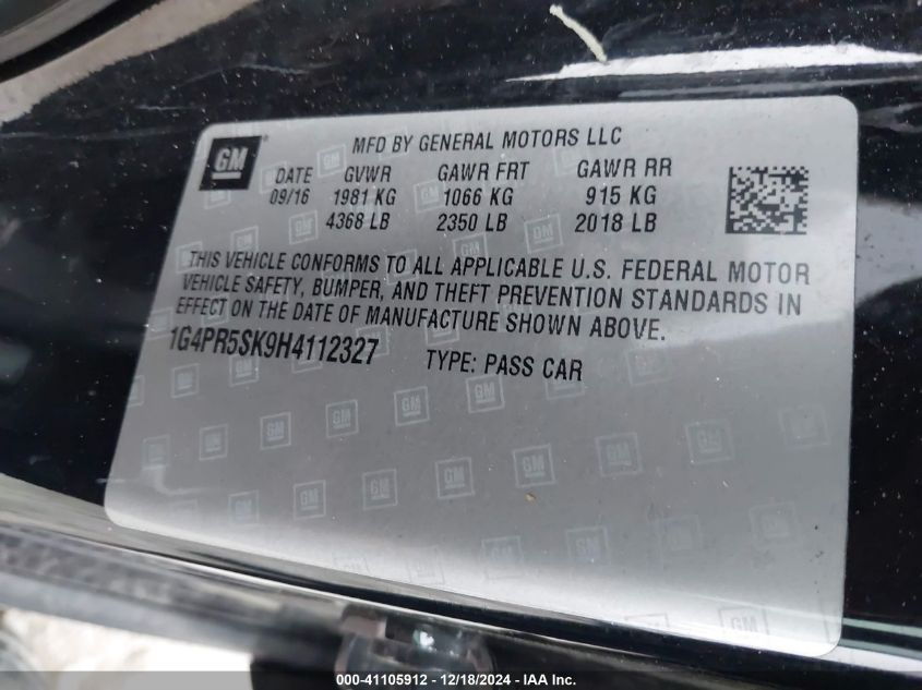 2017 BUICK VERANO VIN: 1G4PR5SK9H4112327