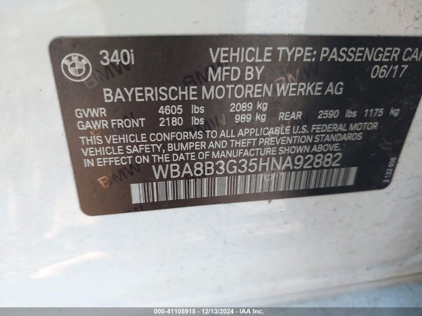 VIN WBA8B3G35HNA92882 2017 BMW 3 Series, 340I no.9