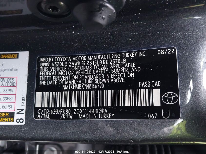 VIN NMTKHMBX7NR146790 2022 TOYOTA C-HR no.9