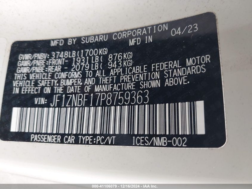 2023 TOYOTA GR86 VIN: JF1ZNBF17P8759363