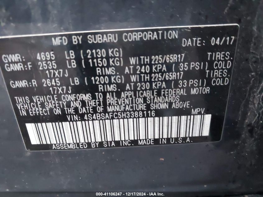 VIN 4S4BSAFC5H3388116 2017 Subaru Outback, 2.5I Pre... no.9