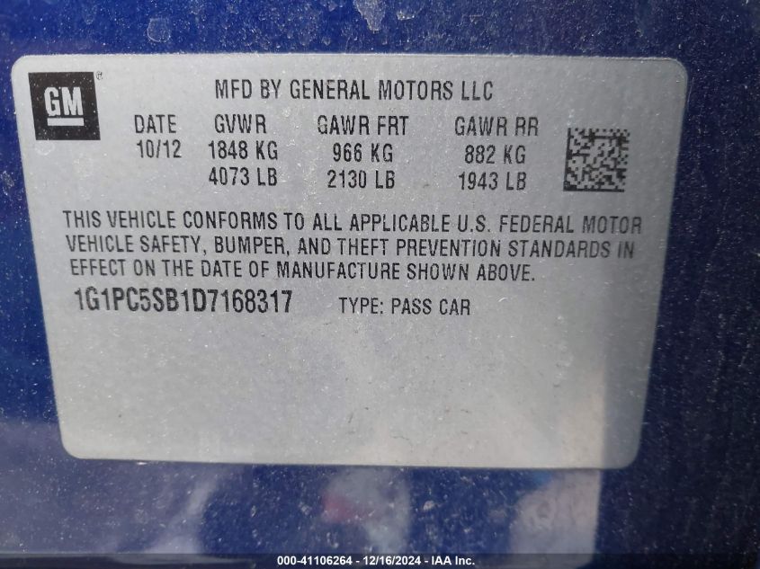 VIN 1G1PC5SB1D7168317 2013 Chevrolet Cruze, 1Lt Auto no.9