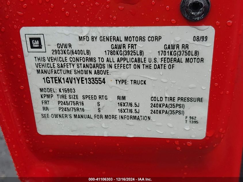 2000 GMC Sierra 1500 Sl VIN: 1GTEK14V1YE133554 Lot: 41106303