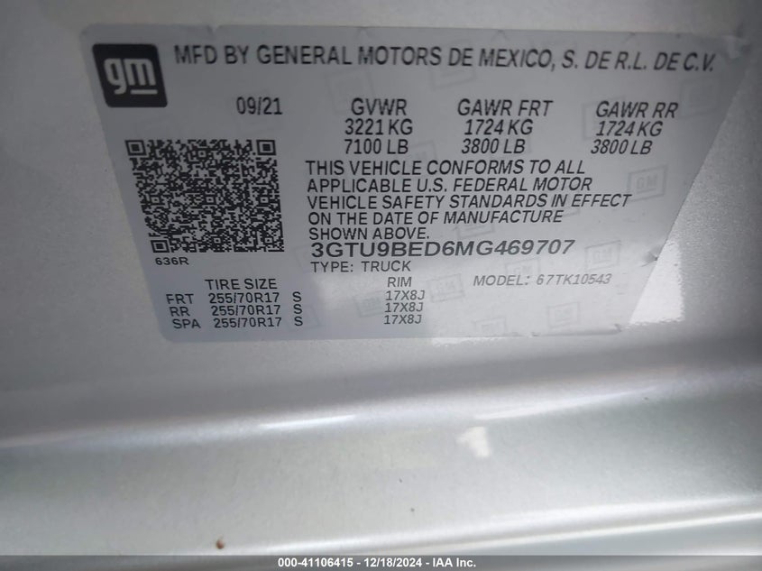 2021 GMC SIERRA 1500 VIN: 3GTU9BED6MG469707
