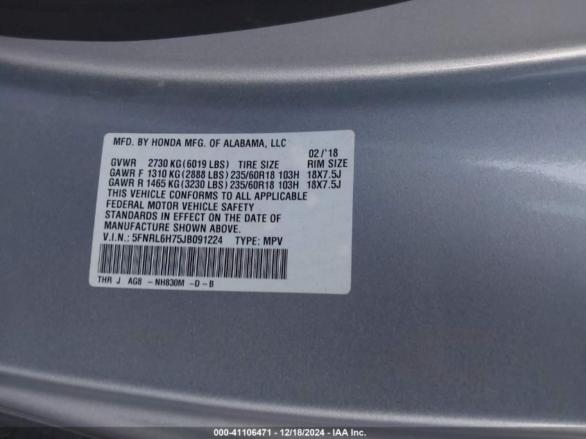 VIN 5FNRL6H75JB091224 2018 Honda Odyssey, Ex-L no.9