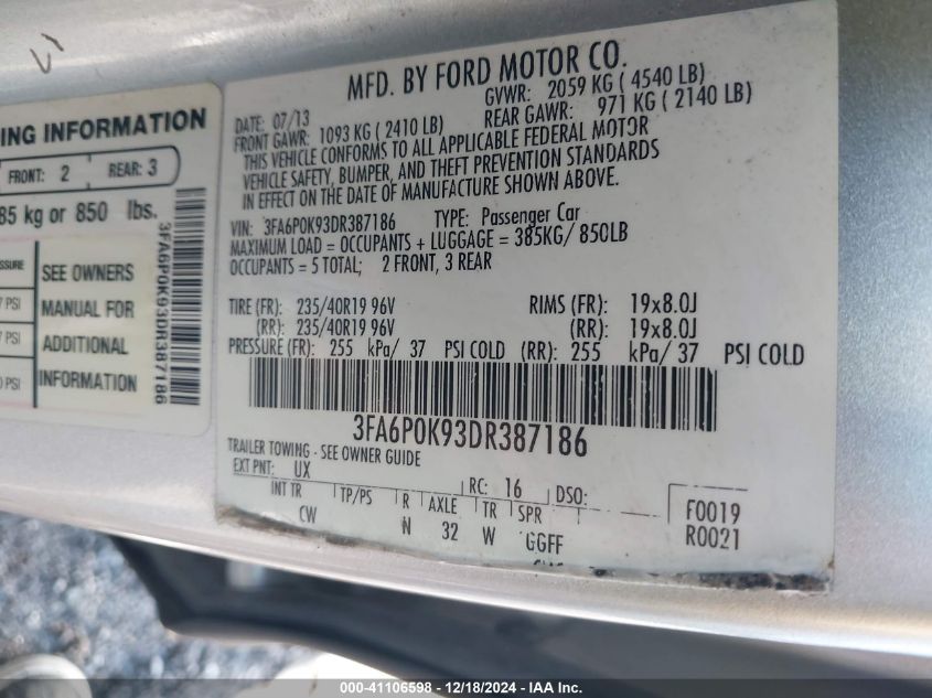 VIN 3FA6P0K93DR387186 2013 Ford Fusion, Titanium no.9