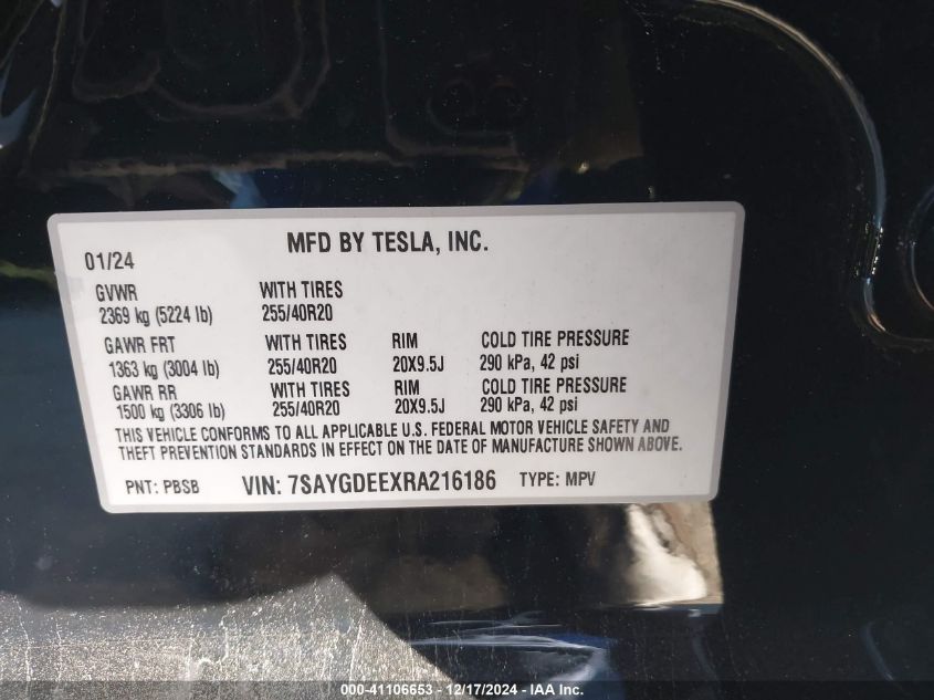 2024 Tesla Model Y Long Range Dual Motor All-Wheel Drive VIN: 7SAYGDEEXRA216186 Lot: 41106653