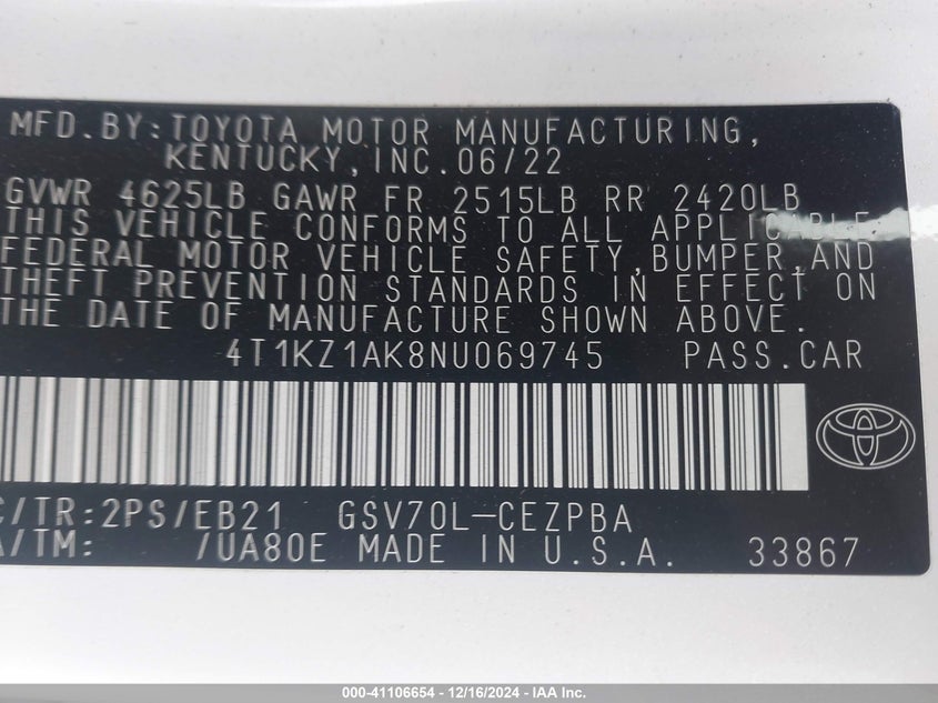 2022 TOYOTA CAMRY VIN: 4T1KZ1AK8NU069745