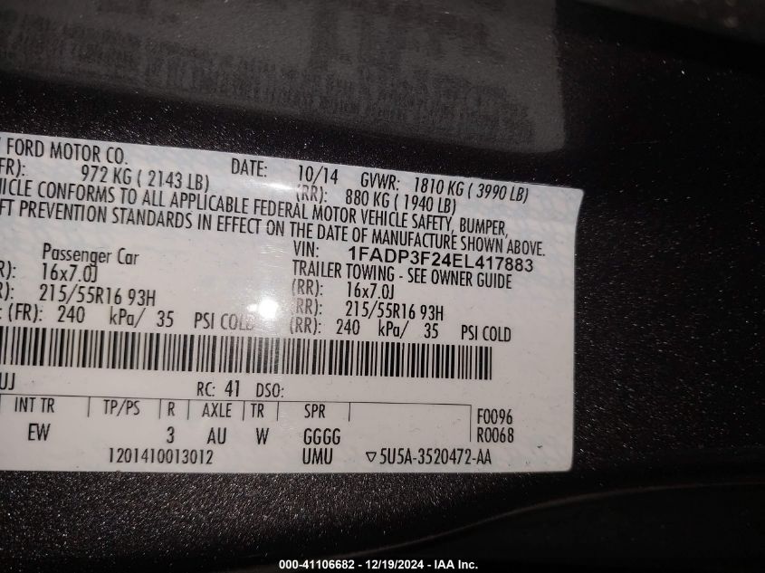 VIN 1FADP3F24EL417883 2014 Ford Focus, SE no.9