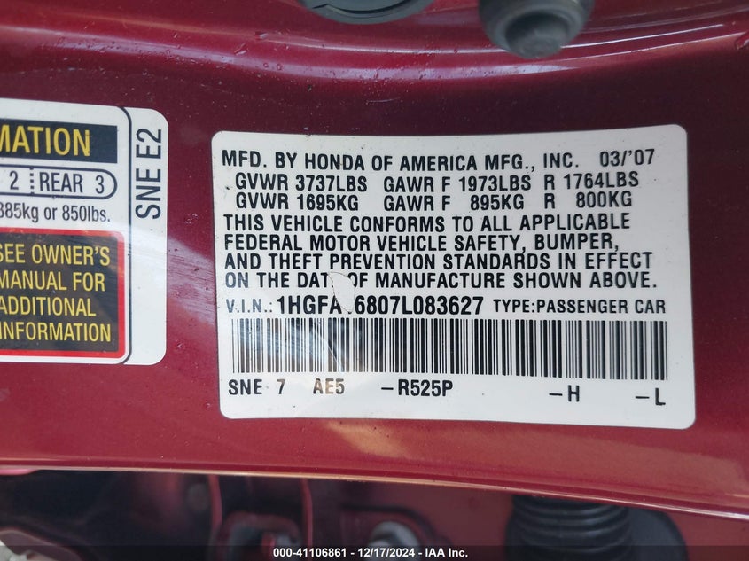 2007 HONDA CIVIC SDN VIN: 1HGFA16807L083627