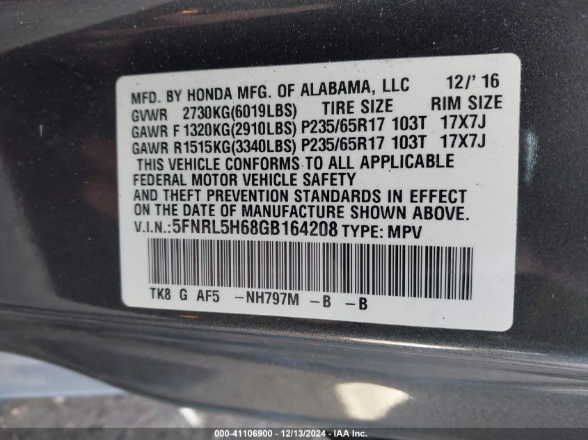 VIN 5FNRL5H68GB164208 2016 Honda Odyssey, Ex-L no.9