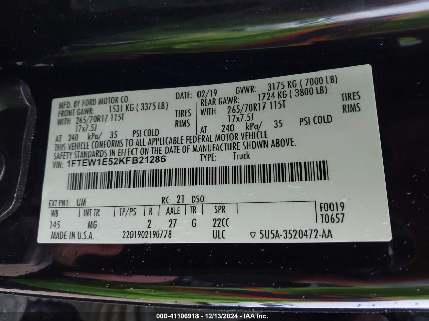 2019 Ford F-150 Xlt VIN: 1FTEW1E52KFB21286 Lot: 41106918