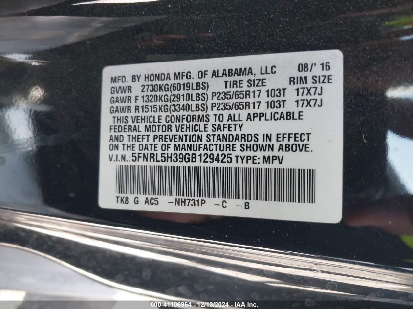 VIN 5FNRL5H39GB129425 2016 Honda Odyssey, SE no.9