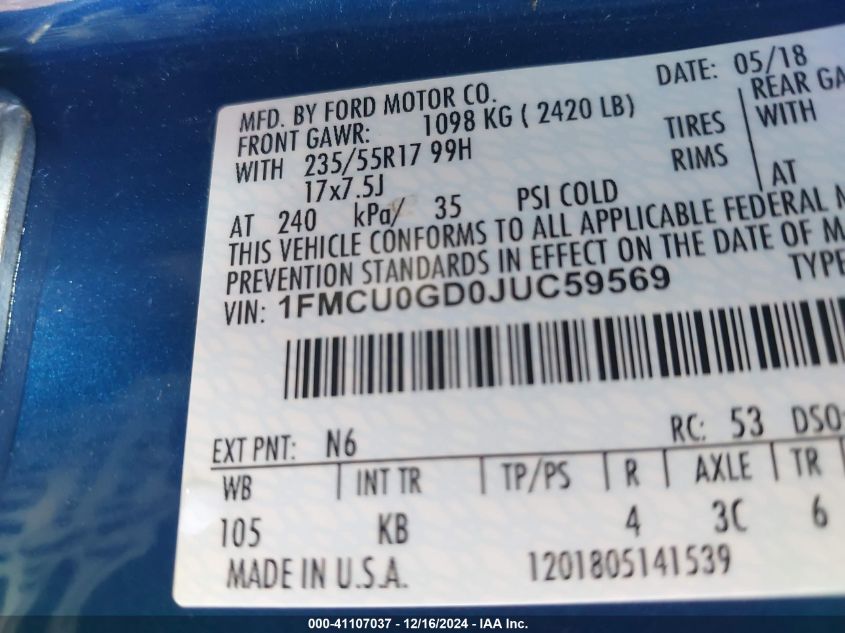 VIN 1FMCU0GD0JUC59569 2018 FORD ESCAPE no.9