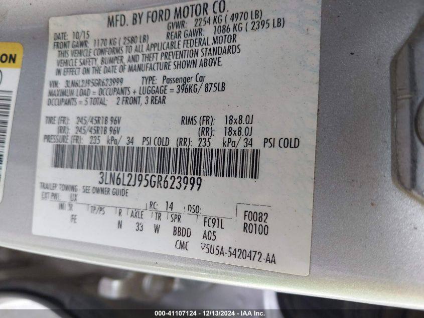 2016 Lincoln Mkz VIN: 3LN6L2J95GR623999 Lot: 41107124