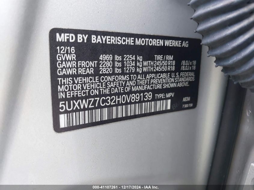 VIN 5UXWZ7C32H0V89139 2017 BMW X3, Sdrive28I no.9