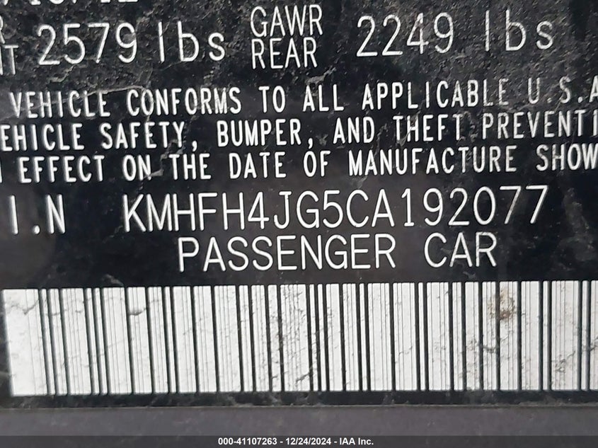2012 HYUNDAI AZERA VIN: KMHFH4JG5CA192077