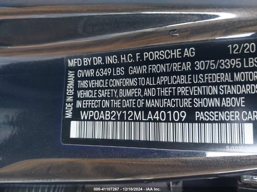 VIN WP0AB2Y12MLA40109 2021 Porsche Taycan, 4S no.9