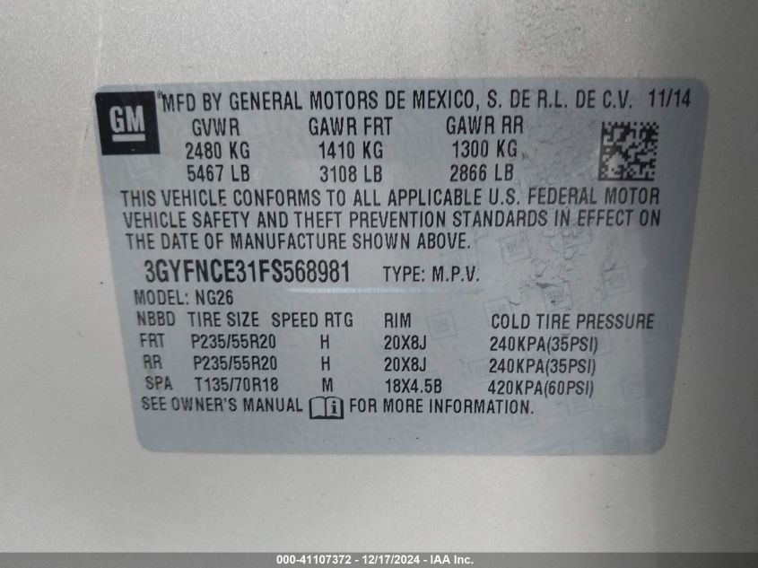 VIN 3GYFNCE31FS568981 2015 Cadillac SRX, Performanc... no.9