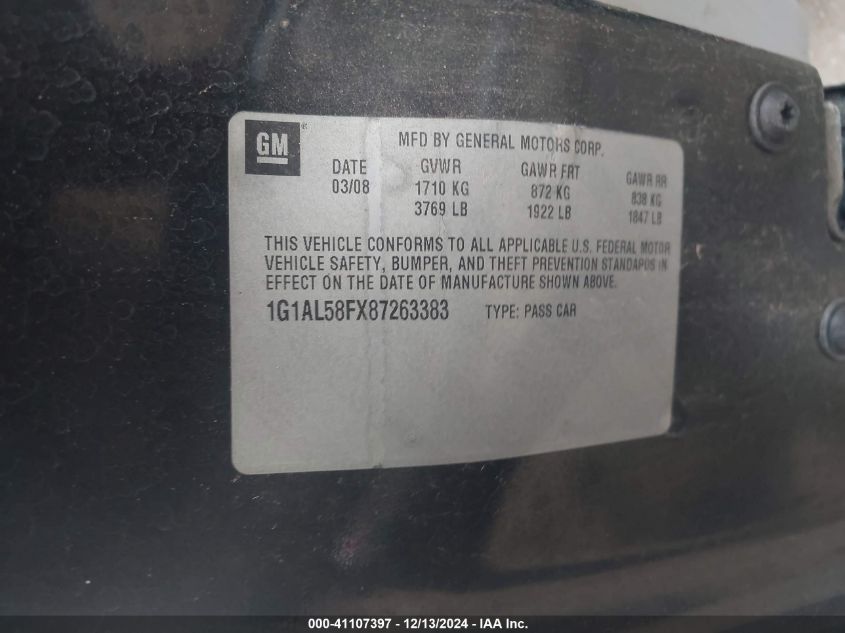 2008 Chevrolet Cobalt Lt VIN: 1G1AL58FX87263383 Lot: 41107397