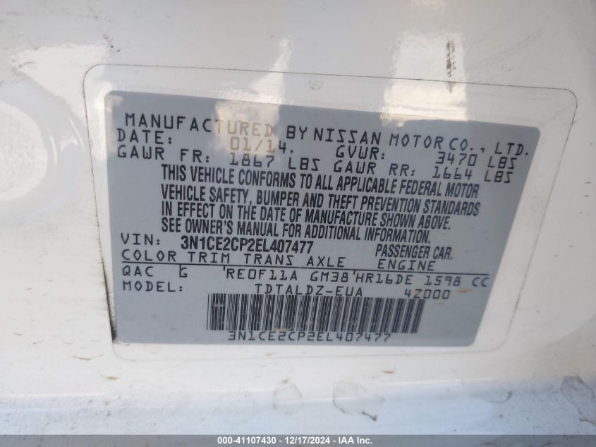 VIN 3N1CE2CP2EL407477 2014 Nissan Versa, Note SV no.9