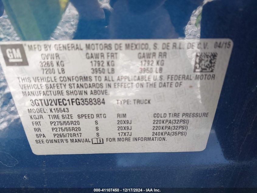 VIN 3GTU2VEC1FG358384 2015 GMC SIERRA 1500 no.9