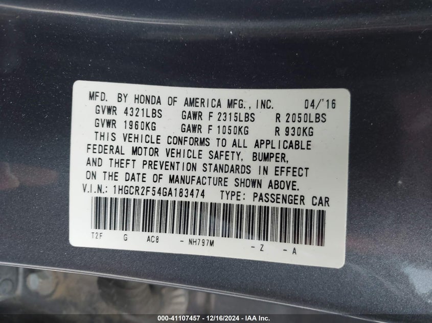 2016 HONDA ACCORD VIN: 1HGCR2F54GA183474