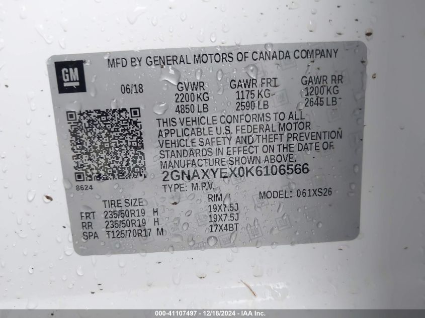 VIN 2GNAXYEX0K6106566 2019 Chevrolet Equinox, Premier no.9