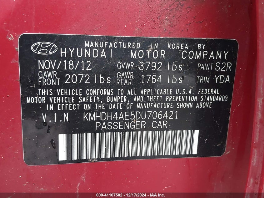 2013 HYUNDAI ELANTRA VIN: KMHDH4AE5DU706421