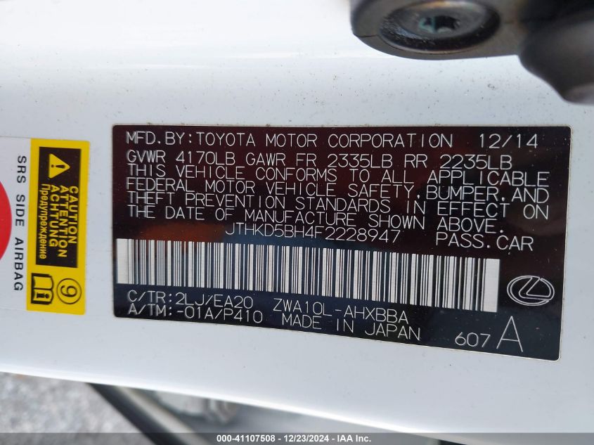 VIN JTHKD5BH4F2228947 2015 LEXUS CT 200H no.9