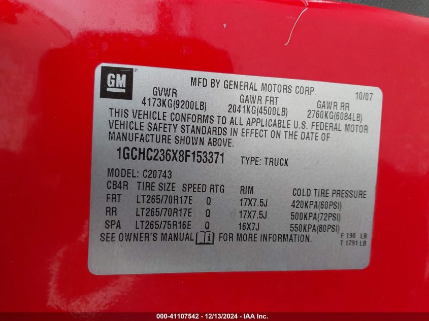 2008 Chevrolet Silverado 2500Hd Ltz VIN: 1GCHC236X8F153371 Lot: 41107542