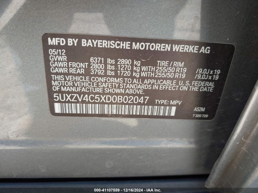 2013 BMW X5 xDrive35I/xDrive35I Premium/xDrive35I Sport Activity VIN: 5UXZV4C5XD0B02047 Lot: 41107559