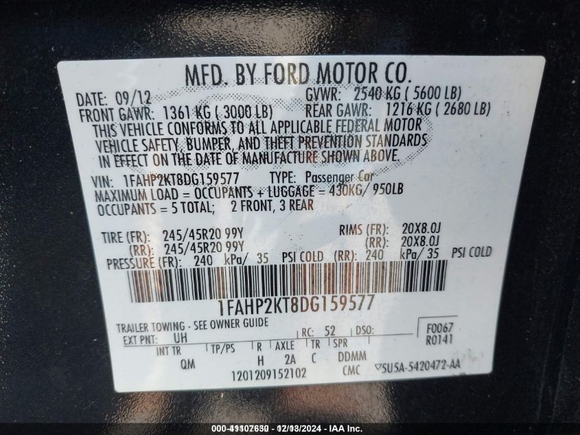 2013 Ford Taurus Sho VIN: 1FAHP2KT8DG159577 Lot: 41107630