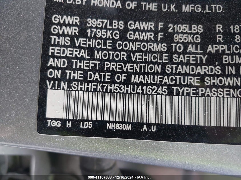 2017 HONDA CIVIC VIN: SHHFK7H53HU416245