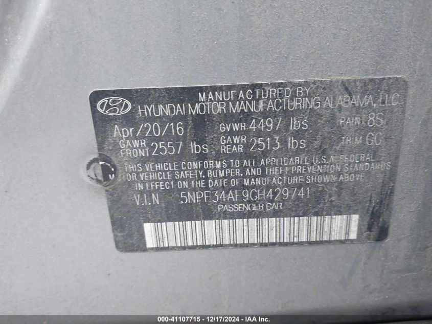 VIN 5NPE34AF9GH429741 2016 HYUNDAI SONATA no.9