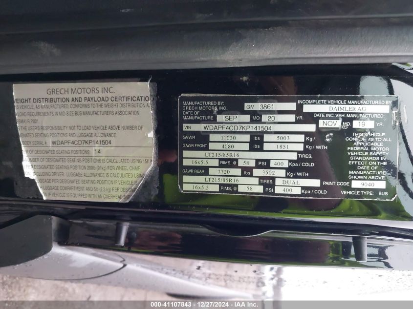 2019 Mercedes-Benz Sprinter - WDAPF4CD7KP141504